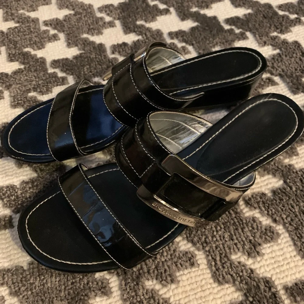 Enzo Angiolini Sandals Black Silver Buckle 8 Slip On Slides Everyday Classic